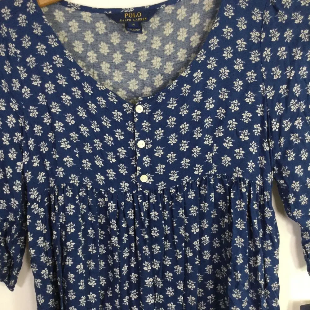 Polo Ralph Lauren Girls Floral Print Boho Dress Denim Blue White Size 14 NWT